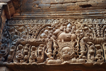 BURIRAM, THAILAND - CIRCA FEBRUARY 2017 Bas-relief on the wall of Prasat Mueang Tam Stone Sanctuaryのeditorial素材