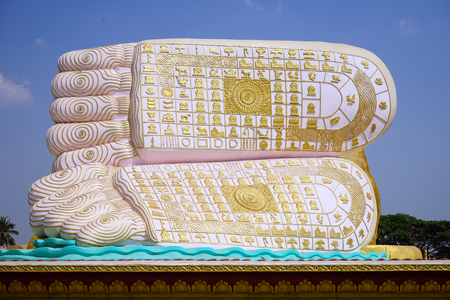 BAGO, MYANMAR - CIRCA APRIL 2017 Big feet of Mya Tha Lyaung Reclining Buddhaのeditorial素材