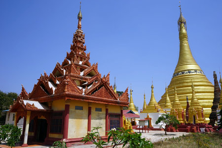 PINDAYA, MYANMAR - CIRCA APRIL 2017 Golden stupas in Zaydigyi Pagodaのeditorial素材