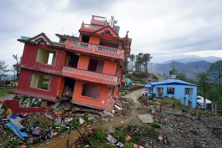 CHISAPANI, NEPAL - CIRCA APRIL 2017 Ruined houses on the main streetのeditorial素材