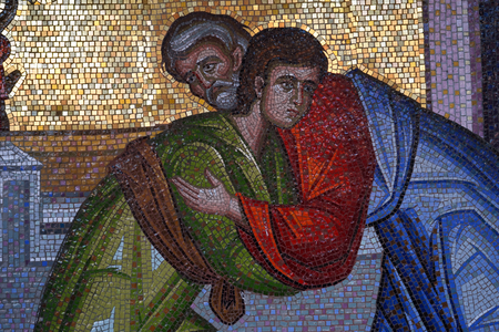 KYKKOS, CYPRUS - CIRCA OCTOBER 2017 In Mosaic on the wall the inner yard of Kykkos monasteryのeditorial素材