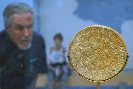 HERAKLION, GREECE - CIRCA MAY 2018 Phaistos Disc in Acrhaeological museum