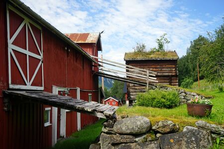 Wooden barns in farm in Norwayの写真素材
