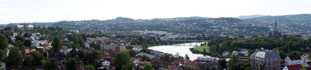 TRONDHEIM, NORWAY - CIRCA JULY 2019 Panorama of Old town from Kristiansten fortress