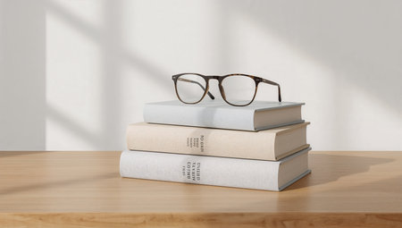Stack of books with glasses on wooden table and white wall background.の素材