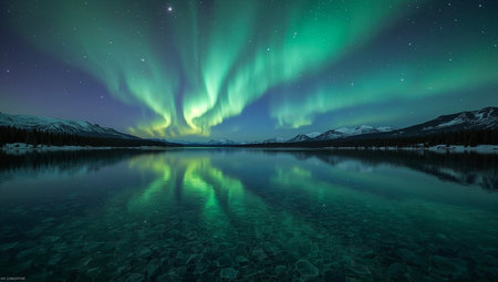 Aurora borealis over lake in winter, Iceland, Europeの素材