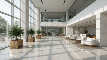 Interior of a modern office lobby with white walls, tiled floor and panoramic windows. 3d renderingの素材