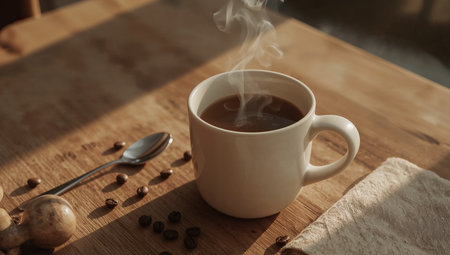 Cup of hot coffee with smoke on wooden table, vintage toneの素材