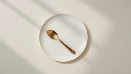Top view of empty white plate and golden spoon on white background.の素材