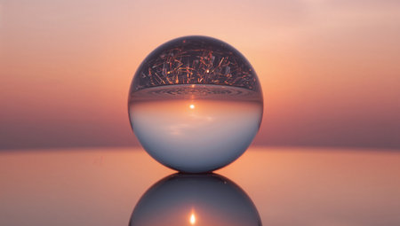 Crystal ball on the background of the sunset, reflected in the waterの素材