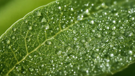 Water droplets on green leaf macro close up. Natural background.の素材