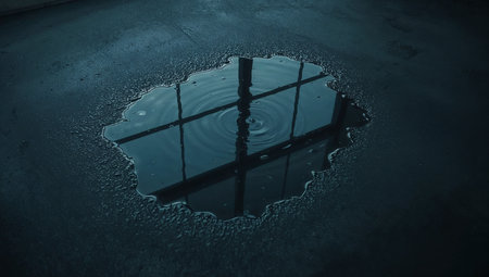 Water puddle with reflection of a cross on a concrete surface.の素材
