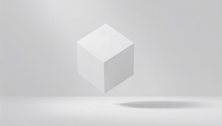 3d rendering of a white cube with shadow on a white backgroundの素材