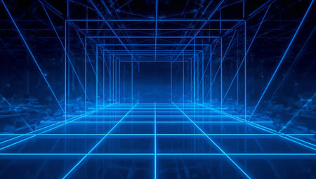 3D rendering. Futuristic hallway with neon lights and reflections.の素材