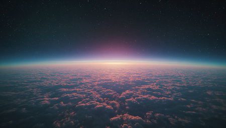 fly above clouds sunset landscape, 3d render illustration computer generated imageの素材