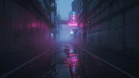 Foggy street in the city at night. 3d renderingの素材