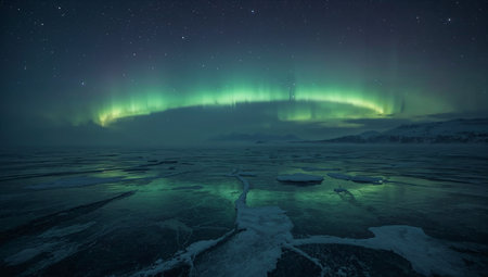 Aurora borealis, northern lights over frozen lake in winterの素材