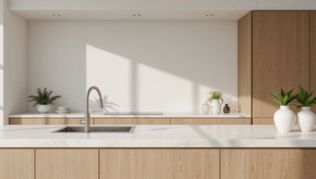 Interior of modern kitchen with white walls, concrete floor, white countertops with built in sink and cooker. 3d renderingの素材