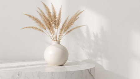 White vase with dried pampas grass on white marble table.の素材