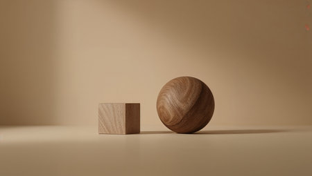 Wooden cubes on a beige background. The concept of minimalism.の素材