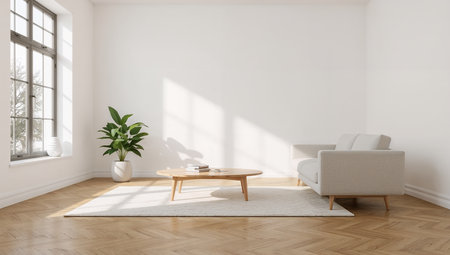 White living room interior with a large window, a sofa and a coffee table. 3d rendering mock upの素材