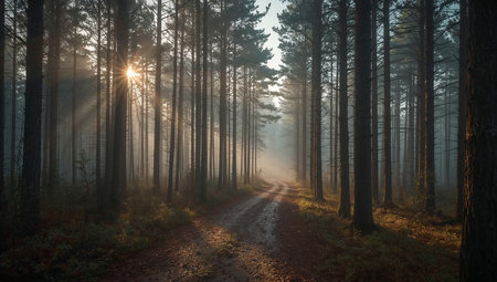 Autumn morning in the forest with fog and sun rays through the treesの素材