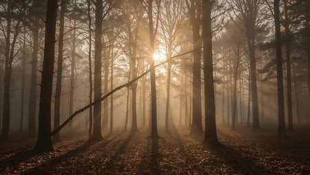 Beautiful foggy forest in the morning light. Sun rays passing through the trees.の素材