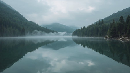 Mountain lake with fog and reflection in the water. Beautiful summer landscape.の素材