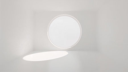 White room with round window, 3d rendering. Computer digital drawing.の素材