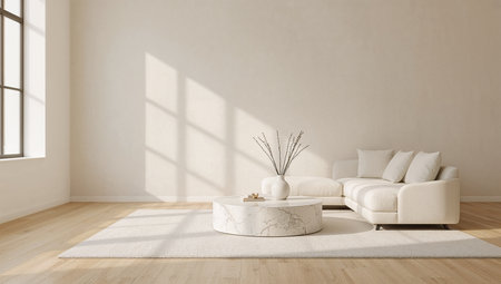 Modern bright interiors 3D rendering illustration. Living room with white sofaの素材