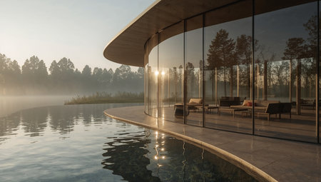 Swimming pool with loungers at sunrise. 3d renderingの素材