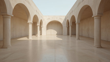 3d render of an ancient arched corridor with columns and columnsの素材