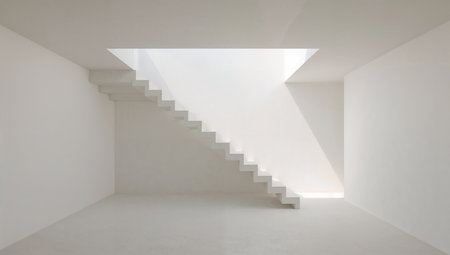Empty room with white walls and stairs, 3d rendering. Computer digital drawing.の素材