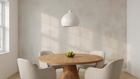 Interior of modern dining room with white walls, wooden floor and round wooden table with white chairs. 3d renderingの素材