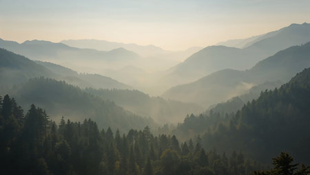 Morning fog in the mountains. Carpathians, Ukraine, Europeの素材
