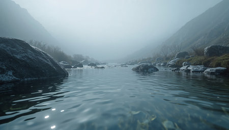 Foggy morning on a mountain river. Beautiful winter landscape.の素材