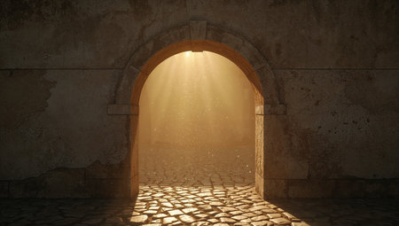 3d rendering of an old stone archway with sunlight coming through itの素材