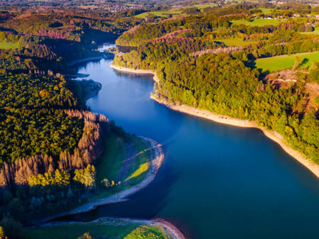 Aerial view of coast of natural lake in autumn with beautiful tree colours and reflectionsの写真素材
