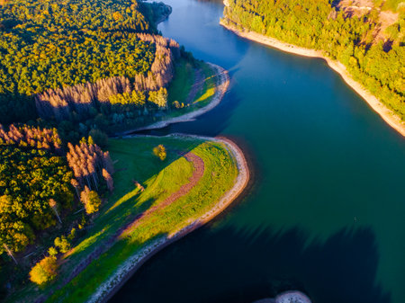 Aerial view of coast of natural lake in autumn with beautiful tree colours and reflectionsの写真素材
