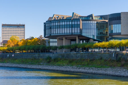 Rhine in Dusseldorf in Germany- old town famous place with buildingsのeditorial素材