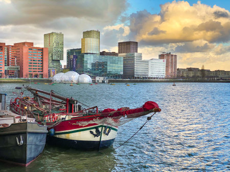 Roterdam city, The Netherlands- Architectural capital with harbour and Erasmus Bridge, Rotterdam Skylinesのeditorial素材