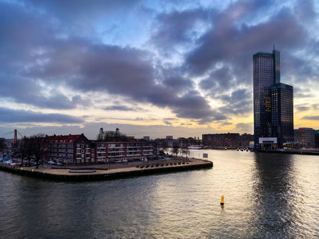 Roterdam city, The Netherlands- Architectural capital with harbour and Erasmus Bridge, Rotterdam Skylinesのeditorial素材
