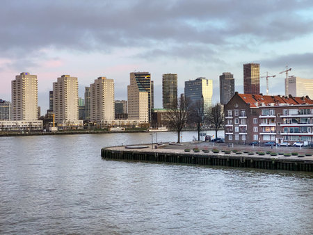 Roterdam city, The Netherlands- Architectural capital with harbour and Erasmus Bridge, Rotterdam Skylinesのeditorial素材
