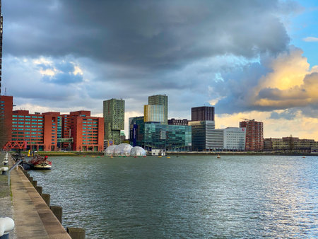 Roterdam city, The Netherlands- Architectural capital with harbour and Erasmus Bridge, Rotterdam Skylinesのeditorial素材