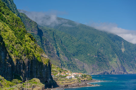 Beautiful mountain landscape and ocean coast of Madeira island, Portugalの写真素材