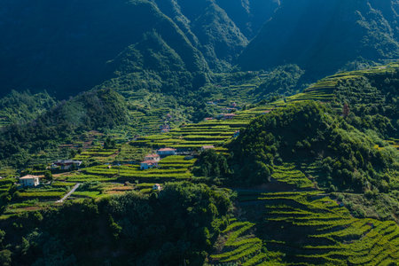 Beautiful mountain landscape and ocean coast of Madeira island, Portugalの写真素材