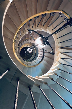 Spiral staircase, hanging lights, elevated view