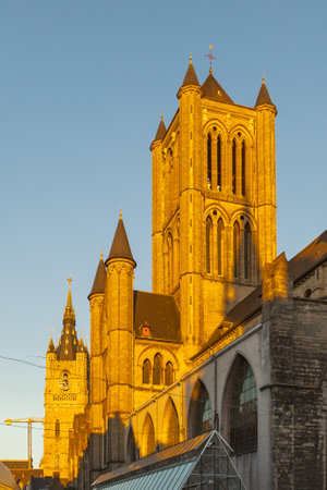 Belgium, Ghent city, old town, historical houses at River Leie at duskの写真素材
