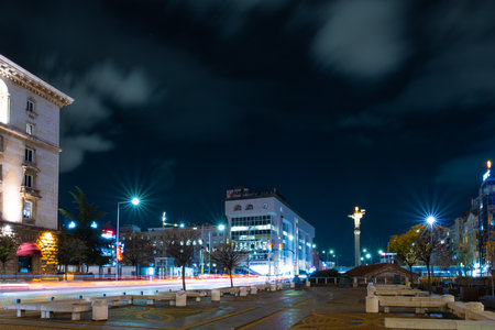 night lights of Sofia city centre architecture, famous buildings, Bulgariaのeditorial素材