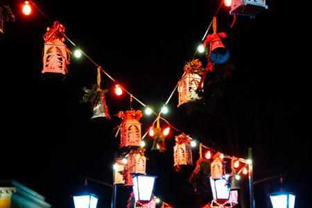Christmas lights, Christmas decorations on the street. blurred background city street with Christmasの写真素材